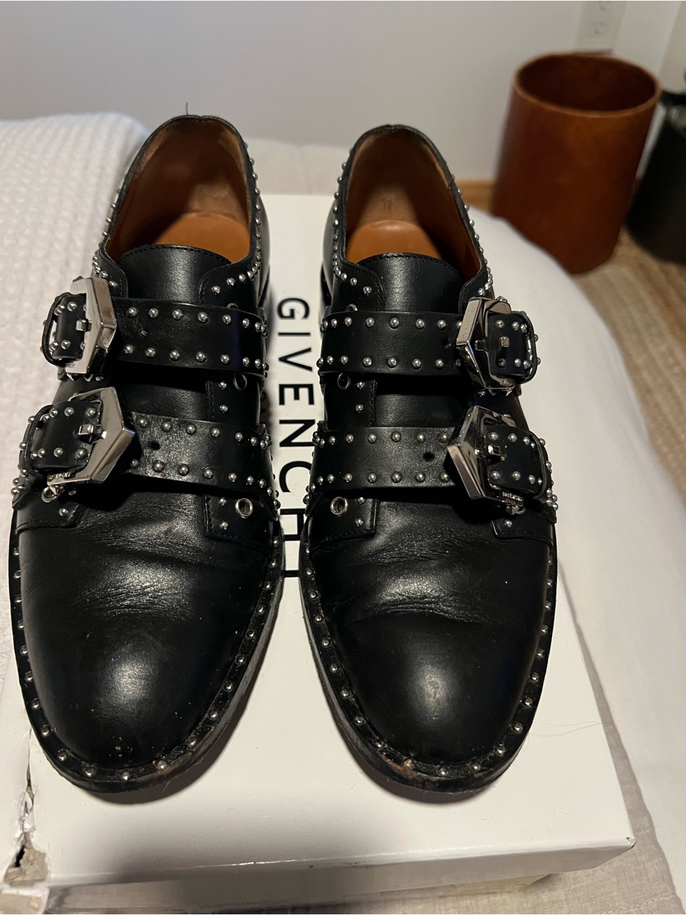 Givenchy Black Leather Studded Double Monk Strap Shoes